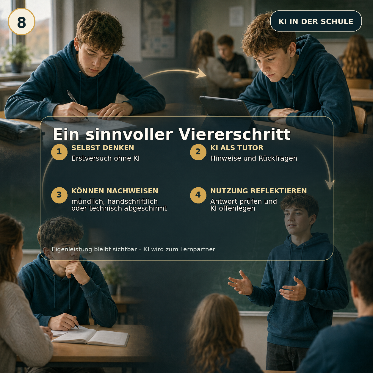 Schaubild 8 der Reihe „KI IN DER SCHULE – LERNHILFE ODER DENK-ABKÜRZUNG?“
